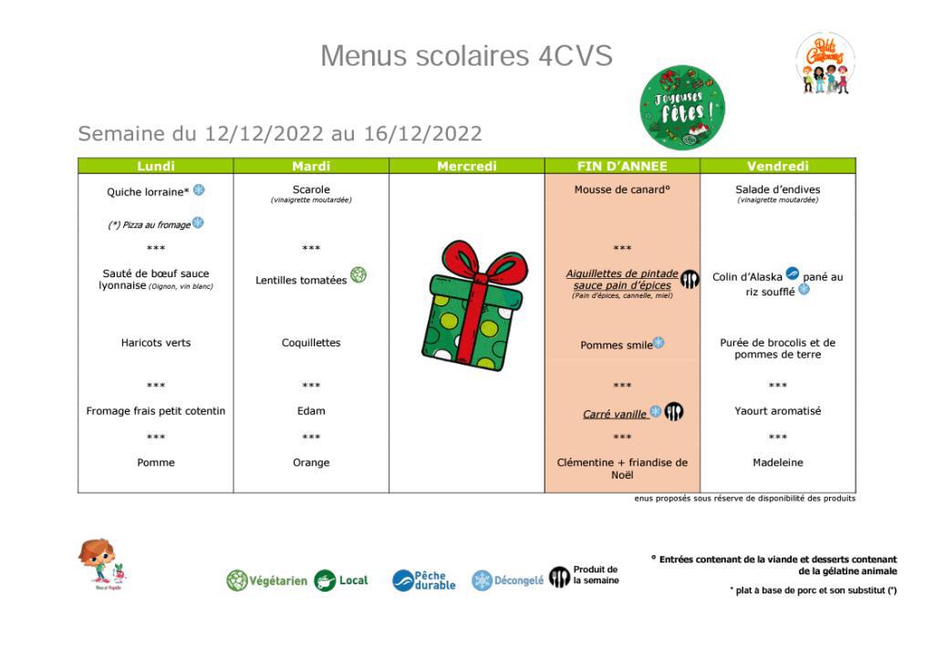    Menus du 12 au 16 décembre 2022   