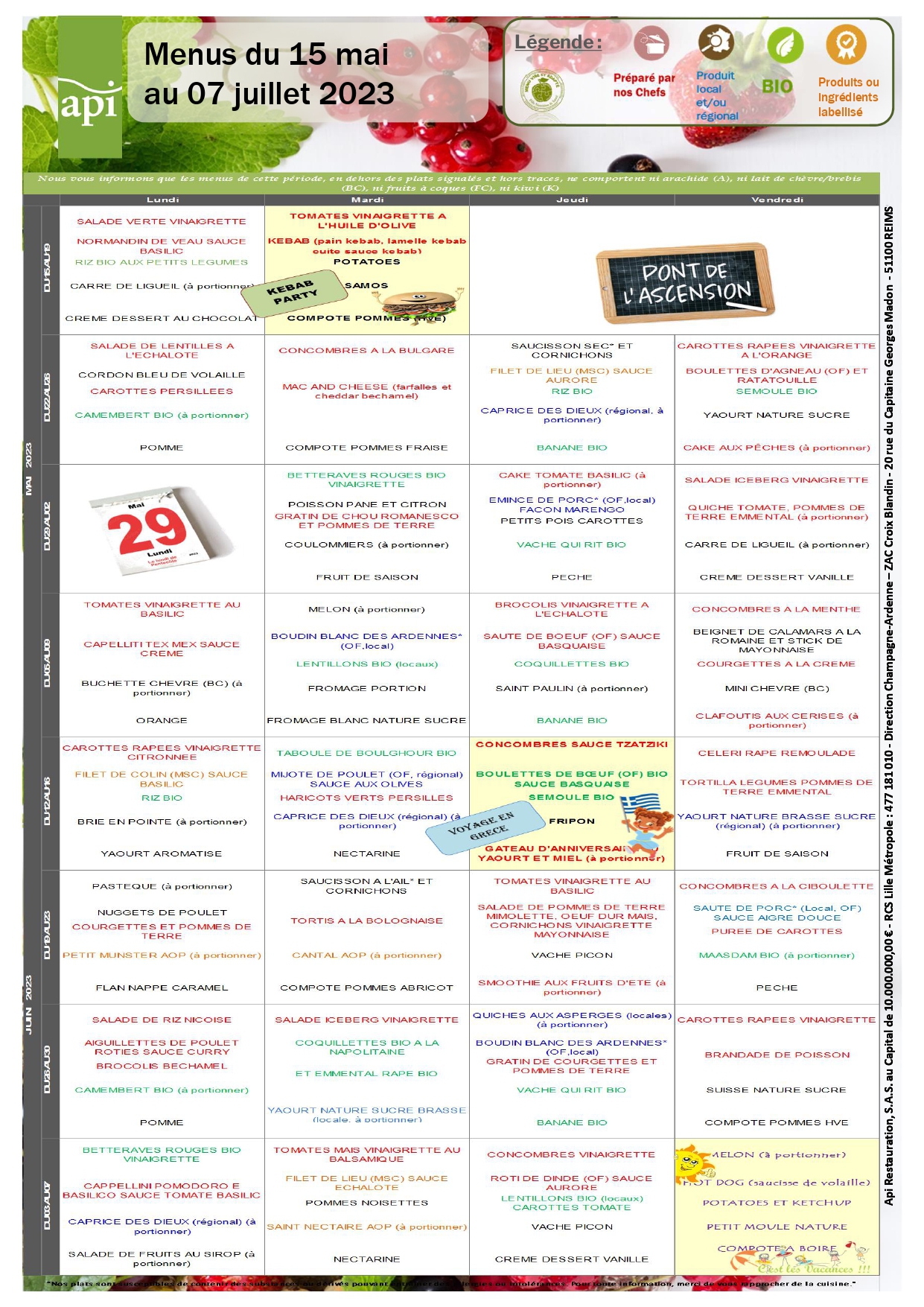  Menus scolaires du 15 mai au 7 juillet 2023 